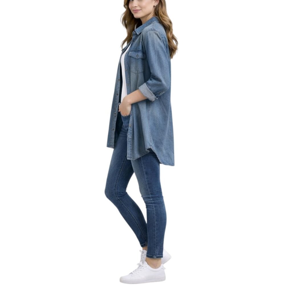Leshop Women's Acid Wash Denim Shirt Dress | Oversized Fit & Flare | Pockets - Picture 7 of 8